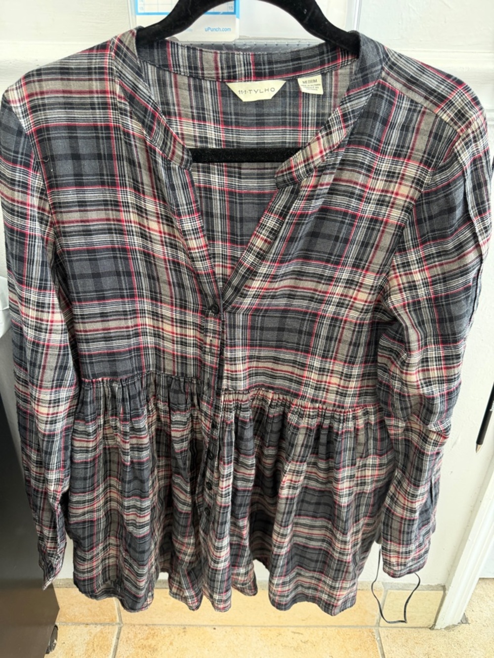 11-TYLHO Plaid Peplum Button-Front Blouse in Gray and Pink
